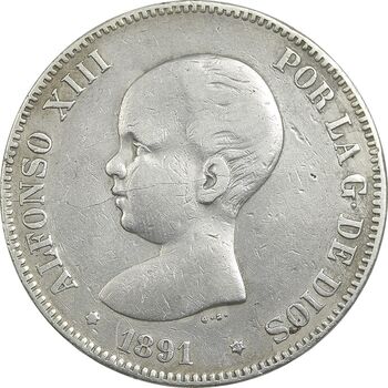 سکه 5 پزتا 1891 آلفونسوی نوزاد - EF40 - اسپانیا