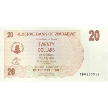 اسکناس 20 دلار 2006 جمهوری - تک - UNC63 - زیمبابوه