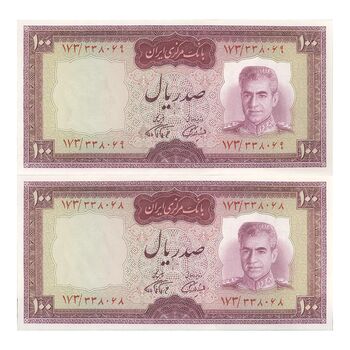 اسکناس 100 ریال (آموزگار - فرمان فرماییان) نوشته قرمز - جفت - UNC63 - محمد رضا شاه