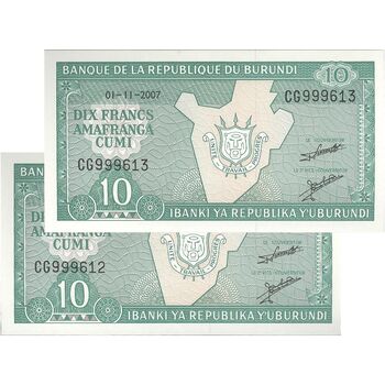 اسکناس 10 فرانک 2007 جمهوری - جفت - UNC63 - بوروندی