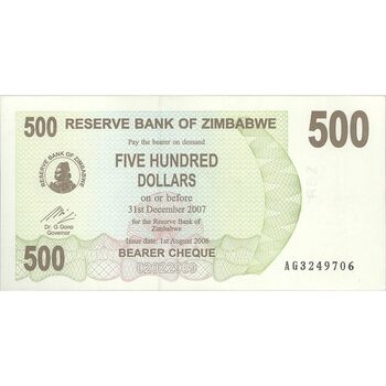 اسکناس 500 دلار 2006 جمهوری - تک - UNC62 - زیمبابوه