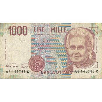 اسکناس 1000 لیر 1990 (مونته‌سوری) جمهوری - تک - VF - ایتالیا
