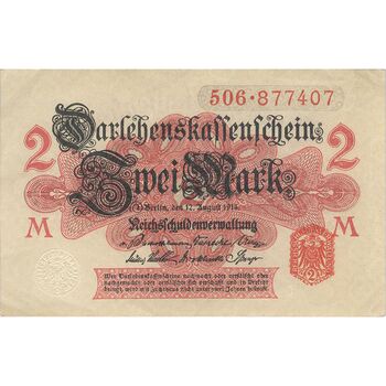 اسکناس 2 مارک 1914 ویلیام دوم - مهر قرمز - تک - EF - آلمان