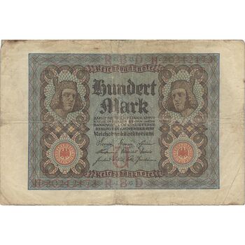 اسکناس 100 مارک 1920 جمهوری وایمار - تک - F - آلمان