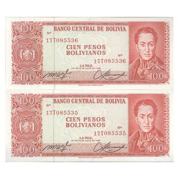 اسکناس 100 پزو بولیویانو 1962 جمهوری - جفت - UNC65 - بولیوی