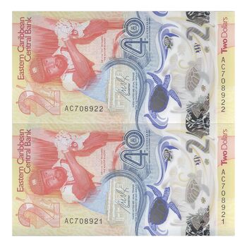 اسکناس 2 دلار 2023 چارلز سوم - جفت - UNC65 - حوزه کارائیب شرقی