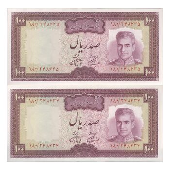 اسکناس 100 ریال (آموزگار - فرمان فرماییان) نوشته سیاه - جفت - UNC63 - محمد رضا شاه