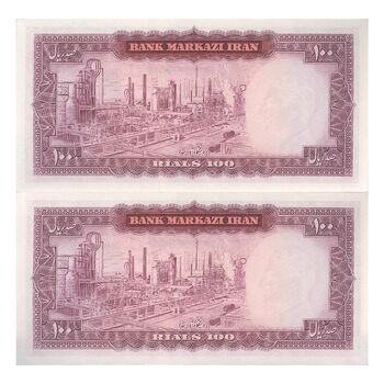 اسکناس 100 ریال (آموزگار - فرمان فرماییان) نوشته سیاه - جفت - UNC63 - محمد رضا شاه