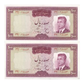 اسکناس 100 ریال (هویدا - سمیعی) - جفت - AU53 - محمد رضا شاه