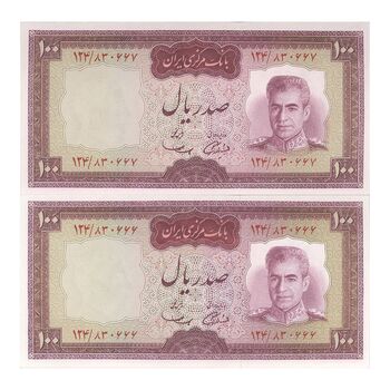 اسکناس 100 ریال (آموزگار - سمیعی) نوشته قرمز - جفت - UNC64 - محمد رضا شاه