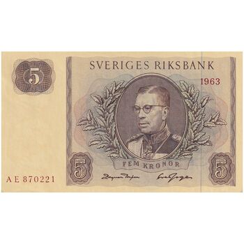 اسکناس 5 کرون 1963 گوستاو آدولف ششم - تک - UNC64 - سوئد