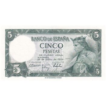 اسکناس 5 پزتا 1954 فرانسیسکو فرانکو - تک - UNC64 - اسپانیا