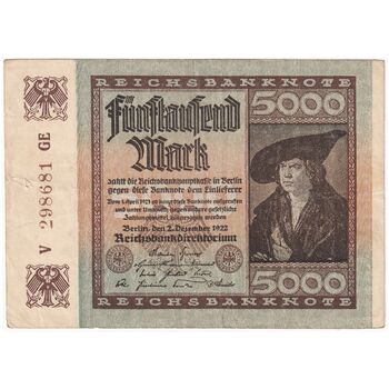 اسکناس 5000 مارک 1922 جمهوری وایمار - تک - VF - آلمان