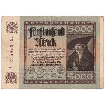 اسکناس 5000 مارک 1922 جمهوری وایمار - تک - VF - آلمان
