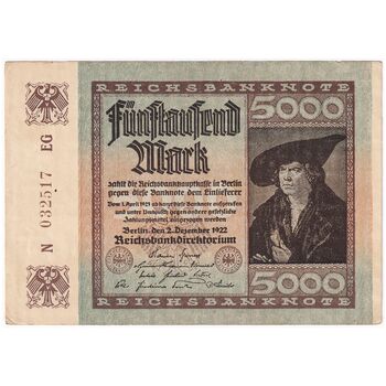 اسکناس 5000 مارک 1922 جمهوری وایمار - تک - EF - آلمان