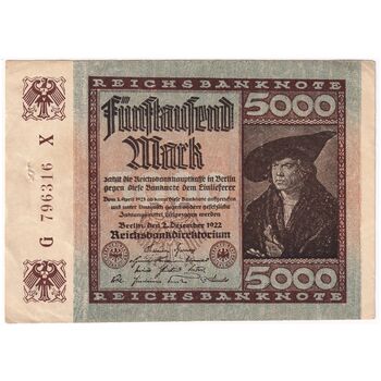 اسکناس 5000 مارک 1922 جمهوری وایمار - تک - EF - آلمان