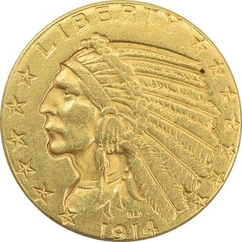 سکه طلا 5 دلار 1914 سرخپوستی - EF45 - آمریکا