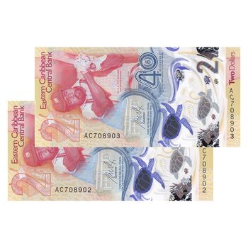اسکناس 2 دلار 2023 چارلز سوم - جفت - UNC64 - حوزه کارائیب شرقی