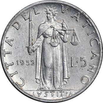 سکه 5 لیره 1952 پیوس دوازدهم - AU50 - واتیکان