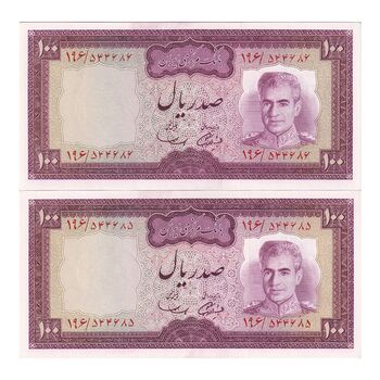 اسکناس 100 ریال (آموزگار - سمیعی) نوشته سیاه - جفت - UNC62 - محمد رضا شاه