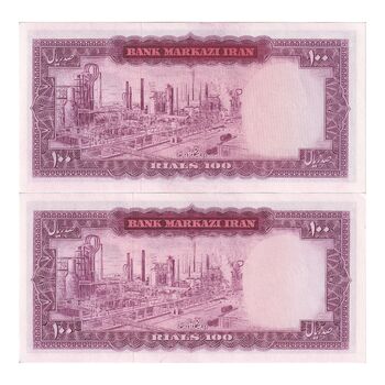 اسکناس 100 ریال (آموزگار - سمیعی) نوشته سیاه - جفت - UNC62 - محمد رضا شاه