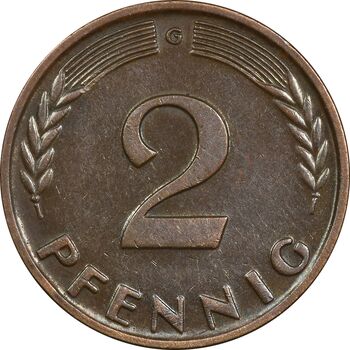 سکه 2 فینیگ 1963G جمهوری فدرال - AU50 - آلمان