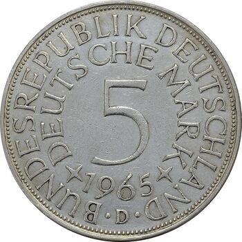 سکه 5 مارک 1965D جمهوری فدرال - AU55 - آلمان