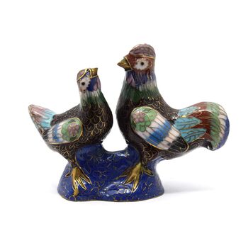 مجسمه میناکاری طرح مرغ و خروس قهوه ای (با پایه) آنتیک