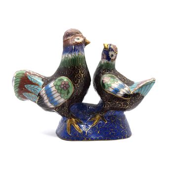 مجسمه میناکاری طرح مرغ و خروس قهوه ای (با پایه) آنتیک