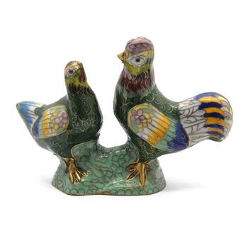 مجسمه میناکاری طرح مرغ و خروس سبز (با پایه) آنتیک
