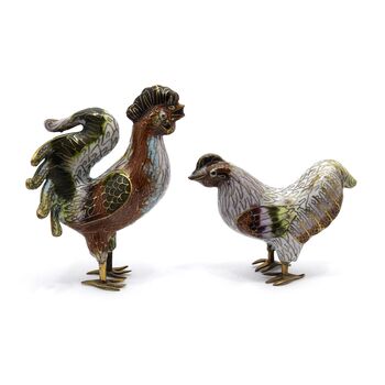 مجسمه میناکاری طرح مرغ و خروس سفید (با پایه) آنتیک