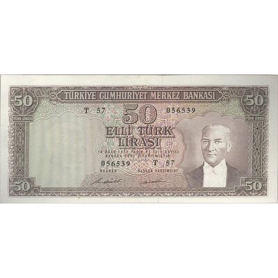اسکناس 50 لیره بدون تاریخ (1957) سری T جمهوری - تک - AU58 - ترکیه