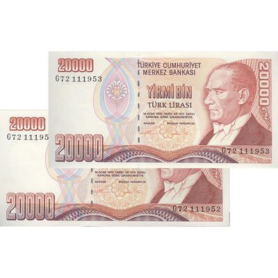 اسکناس 20000 لیره بدون تاریخ (1995) جمهوری - سری G - جفت - UNC63 - ترکیه