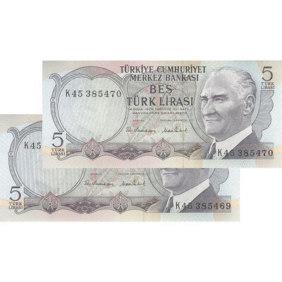 اسکناس 5 لیره بدون تاریخ (1976) سری K جمهوری - جفت - UNC63 - ترکیه