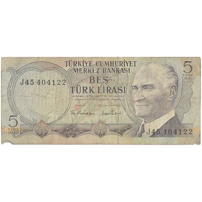 اسکناس 5 لیره بدون تاریخ (1976) جمهوری - تک - VF - ترکیه