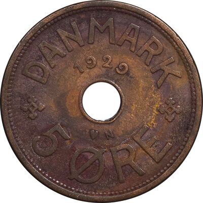 سکه 5 اوره 1929 کریستیان دهم - EF45 - دانمارک