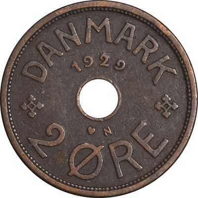 سکه 2 اوره 1929 کریستیان دهم - EF45 - دانمارک