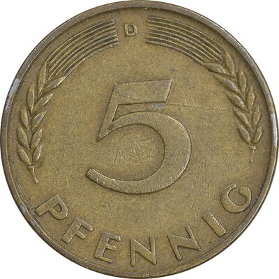 سکه 5 فینیگ 1950D جمهوری فدرال - EF45 - آلمان