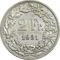 سکه 2 فرانک 1931 دولت فدرال - EF45 - سوئیس