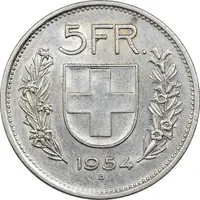 سکه 5 فرانک 1954 دولت فدرال - AU50 - سوئیس