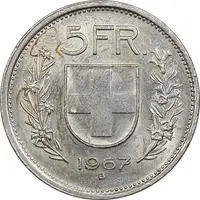 سکه 5 فرانک 1967 دولت فدرال - AU55 - سوئیس