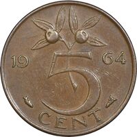 سکه 5 سنت 1964 یولیانا - EF45 - هلند