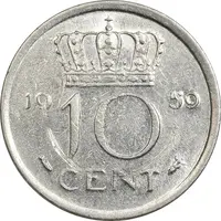 سکه 10 سنت 1959 یولیانا - AU58 - هلند