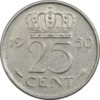 سکه 25 سنت 1950 یولیانا - EF45 - هلند