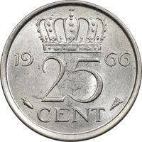 سکه 25 سنت 1966 یولیانا - MS61 - هلند