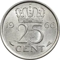سکه 25 سنت 1966 یولیانا - MS61 - هلند