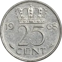 سکه 25 سنت 1968 یولیانا - AU50 - هلند