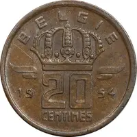 سکه 20 سانتیم 1954 بودئون یکم (نوشته هلندی) - EF45 - بلژیک
