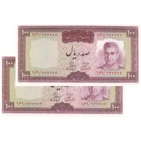 اسکناس 100 ریال (آموزگار - فرمان فرماییان) نوشته قرمز - جفت - UNC63 - محمد رضا شاه