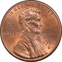 سکه 1 سنت 1992D لینکلن - MS63 - آمریکا